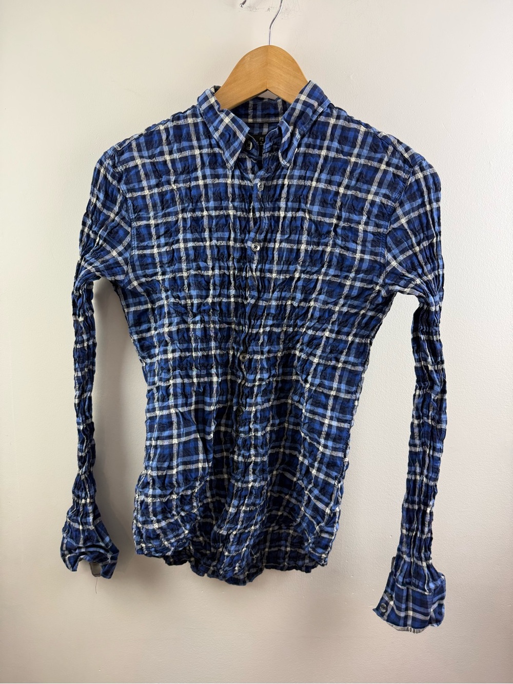 PS Paul Smith Blue Plaid Check Crinkle Seersucker Button Down Shirt - Size Small